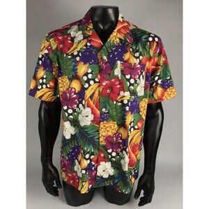 VTG 9th Wave Scorpio Mens LARGE Colorful Fruits Hibiscus Floral Button Shirt